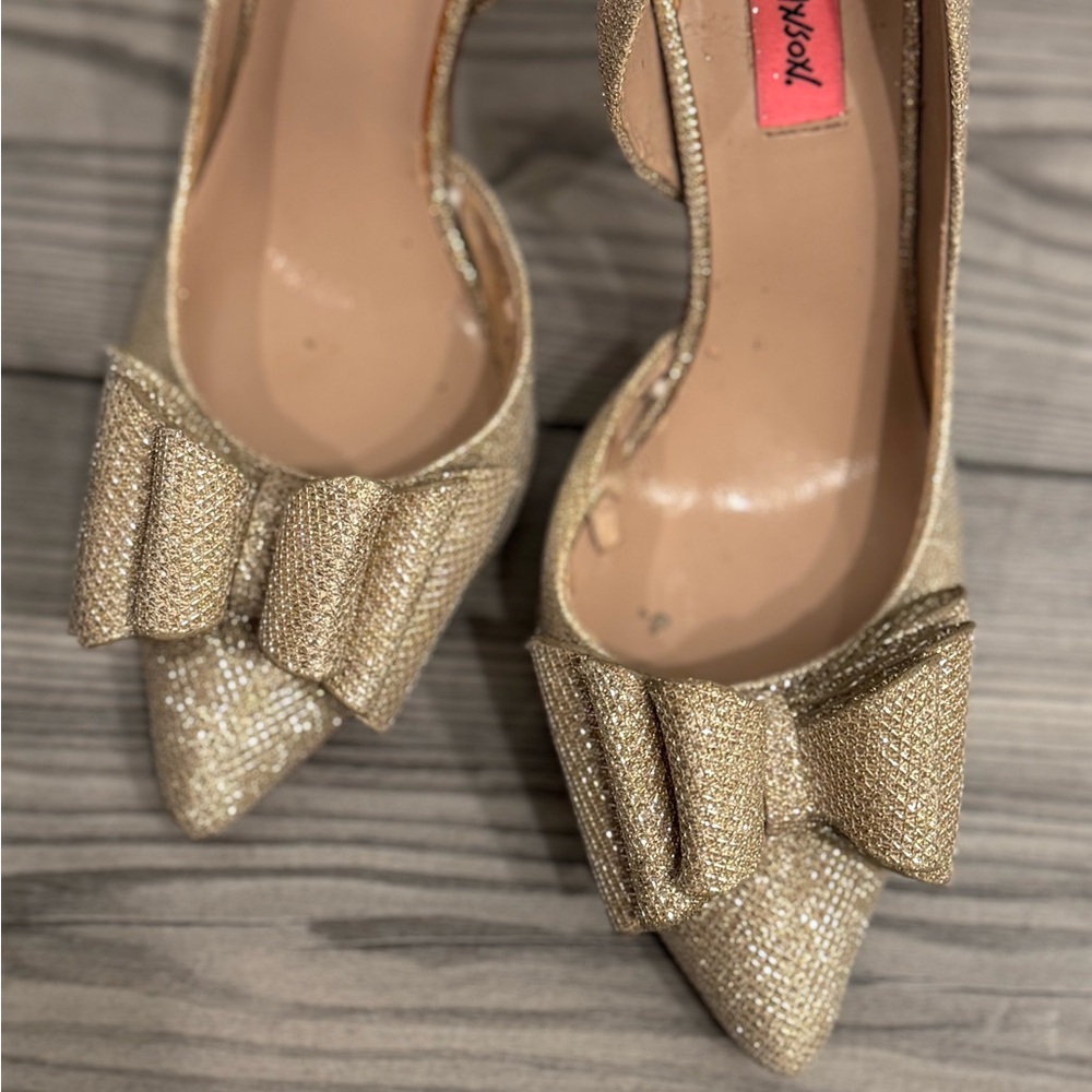 Betsey Johnson Gold Heels with Glitter Bow